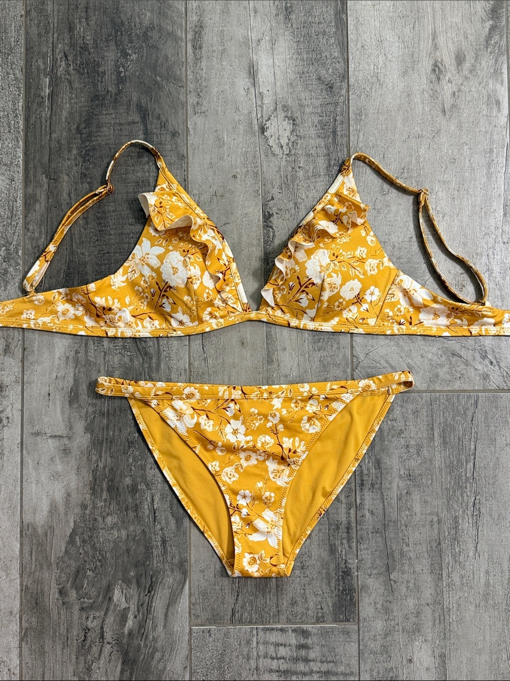 H&M Yellow Floral Ruffle Triangle Bikini